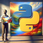 An image of the python software logo, with a person holding a beautiful painting over the logo.