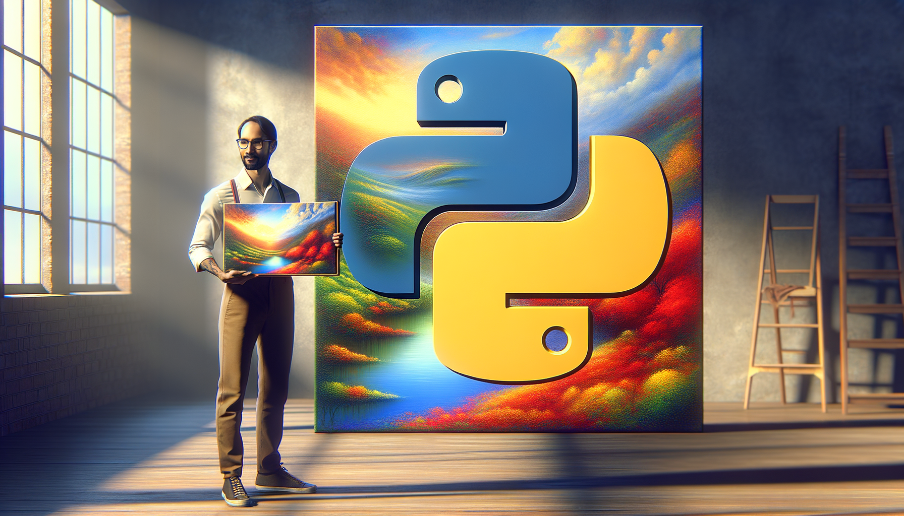 An image of the python software logo, with a person holding a beautiful painting over the logo.