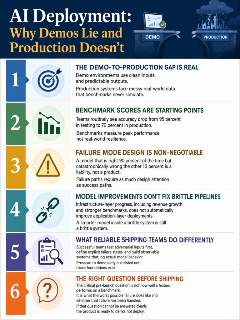 Insight on the gap between AI demos and production deployments, and why failure mode design matters more than benchmark performance