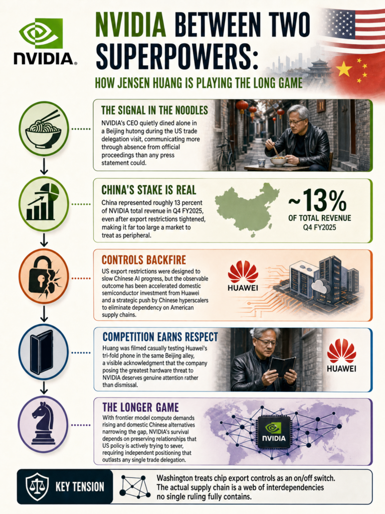 Jensen Huang breaks from Trump trade delegation to eat noodles in Beijing hutong, reflecting NVIDIA's complex position in US-China AI chip tensions