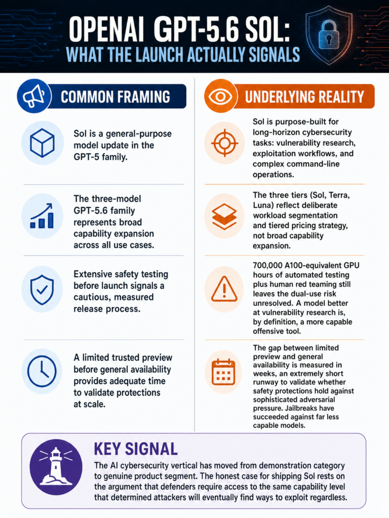 OpenAI GPT-5.6 Sol launch: cybersecurity-focused frontier model with Terminal-Bench 2.1 SOTA, 700K GPU hours of safety testing, limited government-approved preview