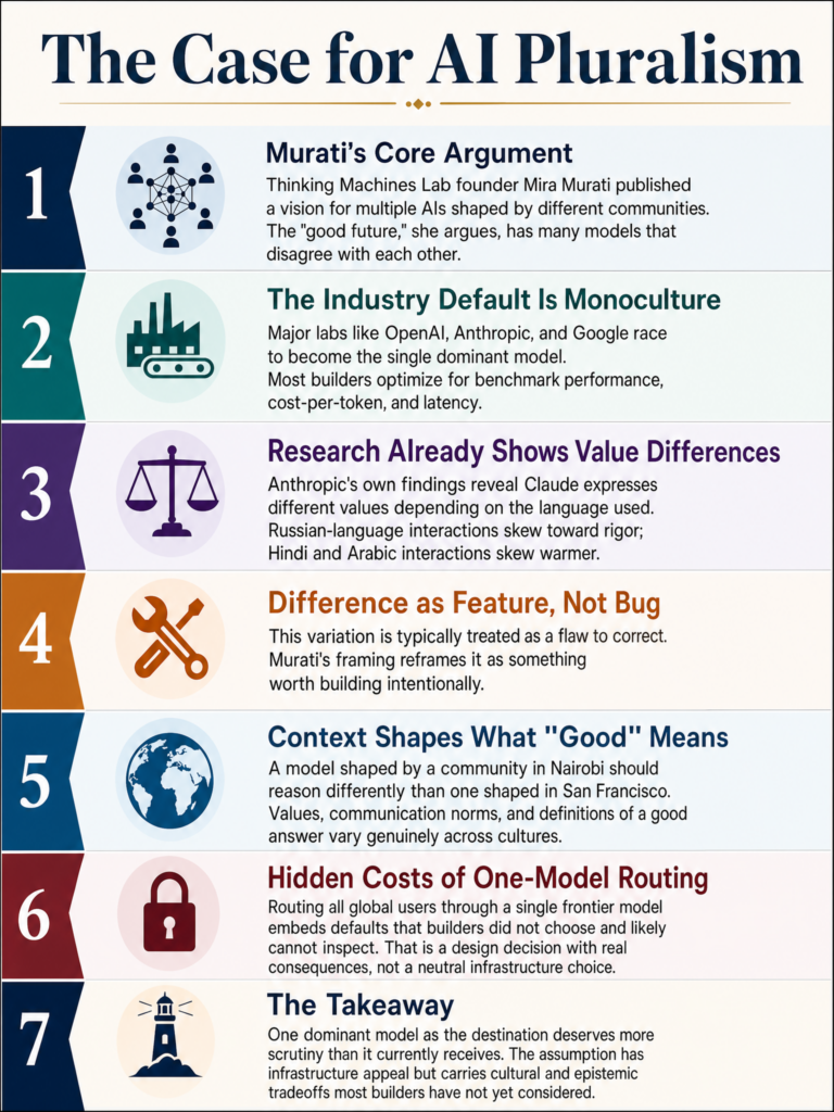 Insight on Mira Murati's multi-AI worldview and what pluralistic AI infrastructure means for builders routing global traffic through single frontier models