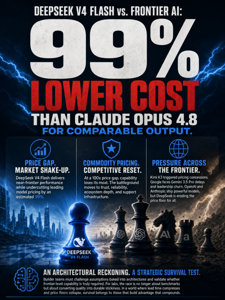 DeepSeek V4 Flash coding model approaching Claude Opus 4.8 performance at 99% lower cost, and what it means for frontier lab pricing strategy and builder architecture decisions