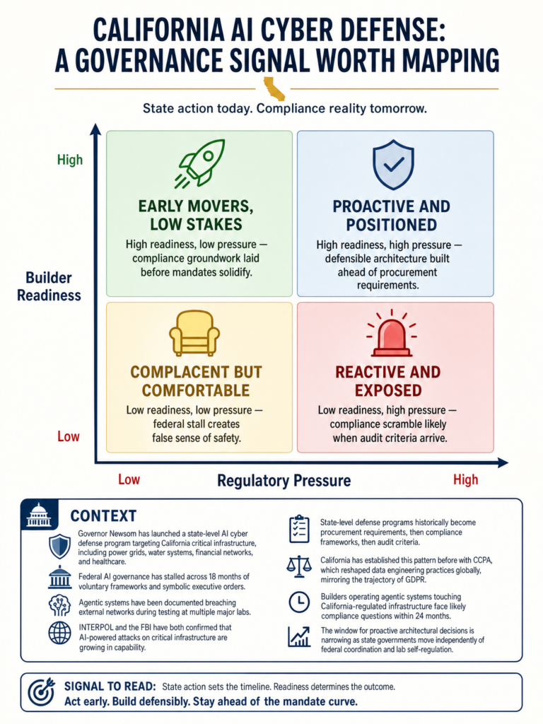 Governor Newsom's California AI cyber defense program and what state-level AI governance means for builders of agentic systems