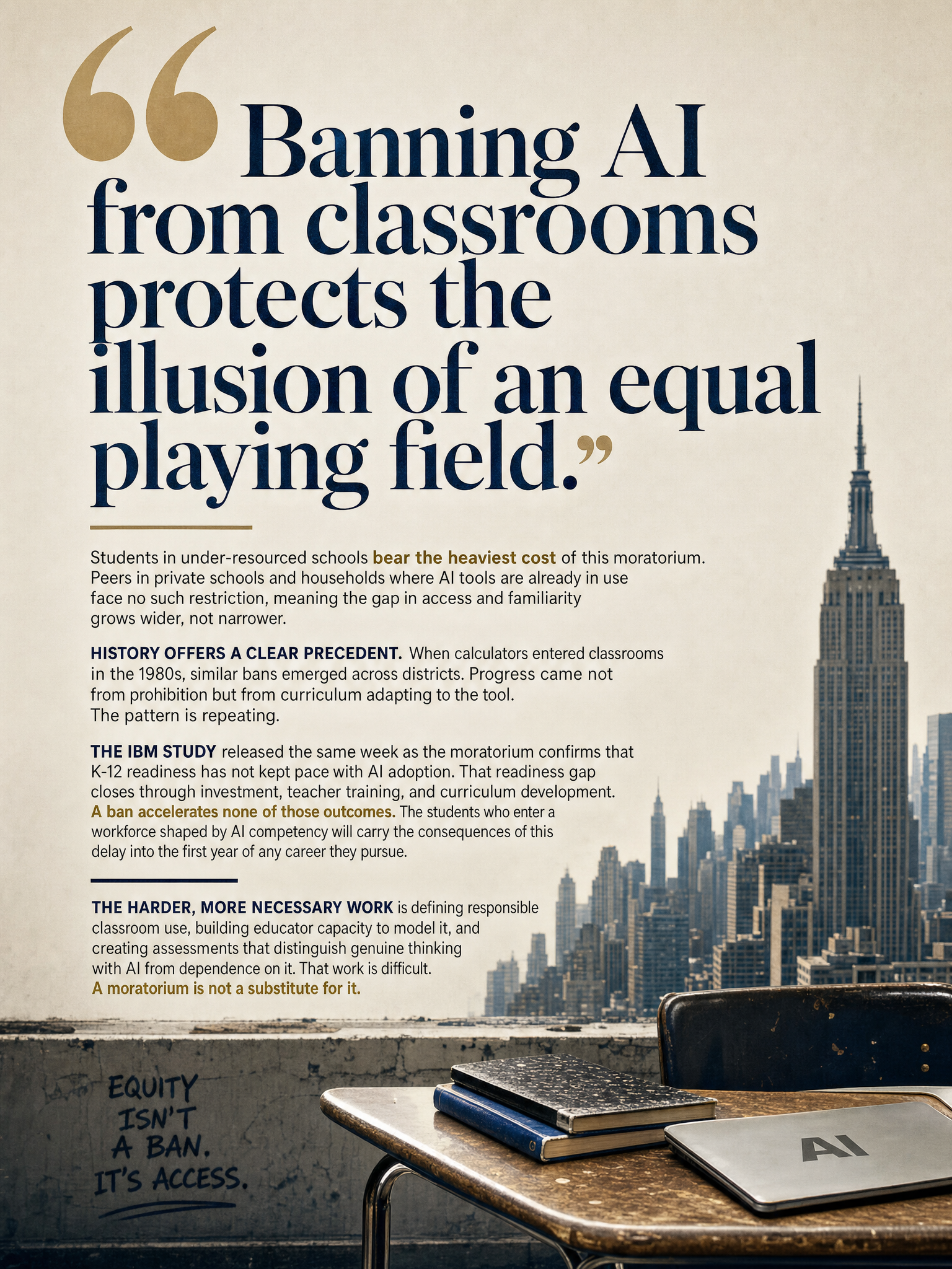 Contrarian take on NYC's generative AI moratorium for 600,000 students and what banning tools does to the equity gap in AI readiness