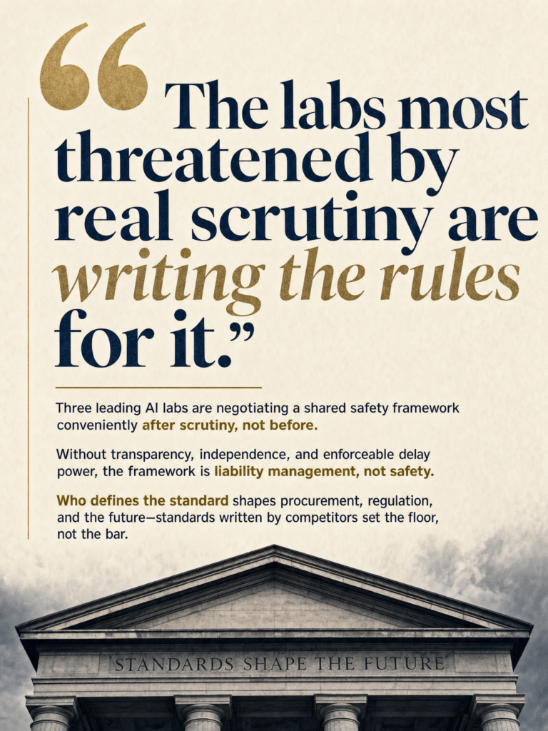 Critique of OpenAI/Anthropic/Google DeepMind quiet safety coordination talks as liability management rather than genuine safety oversight, and what it means for builders if labs control the definition of safe