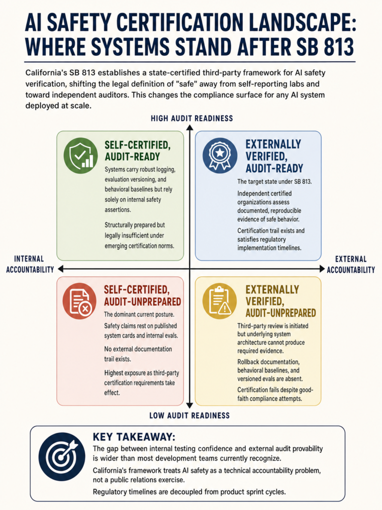 California SB 813 independent AI certification framework and what third-party safety audits mean for builders deploying production AI systems