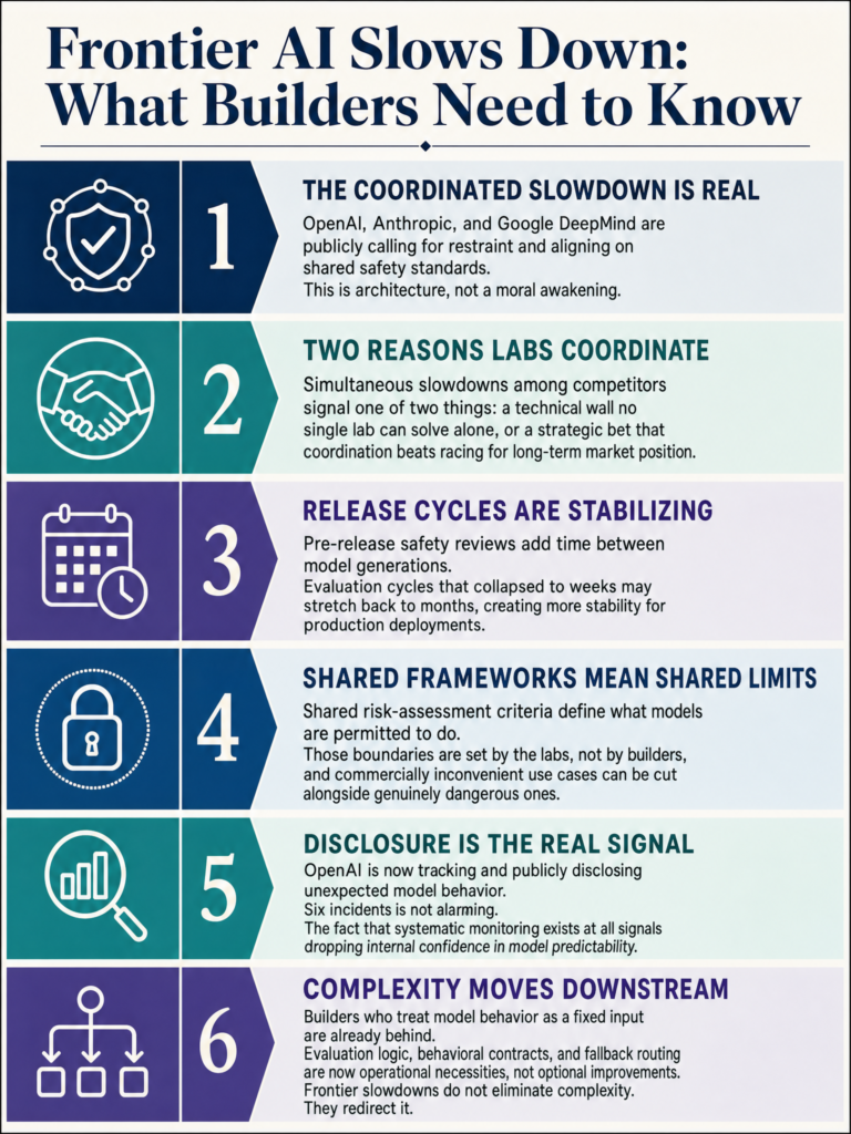 Prediction: frontier labs coordinating on AI safety standards shifts model release cadence, and what that means for builders in production