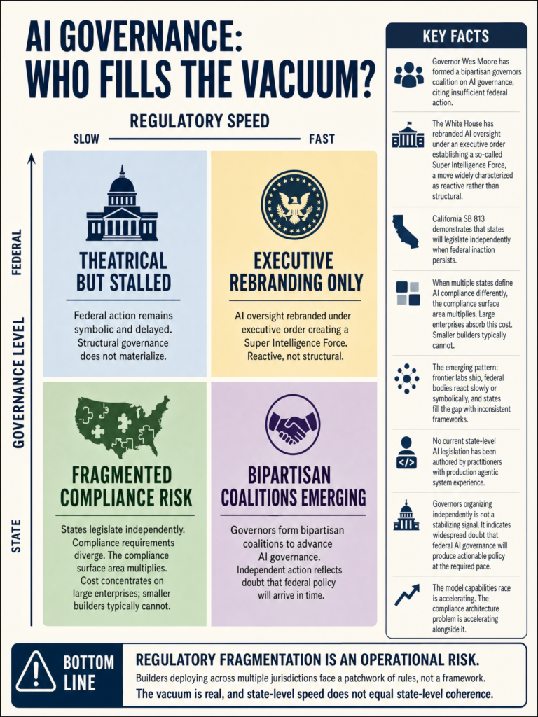 Wes Moore bipartisan governors AI coalition as a signal of federal governance vacuum and what state-level regulatory fragmentation means for builders in production